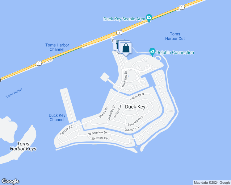 map of restaurants, bars, coffee shops, grocery stores, and more near 112 Indies Drive North in Duck Key