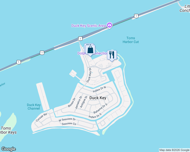 map of restaurants, bars, coffee shops, grocery stores, and more near 7226 Simran Lane in Duck Key
