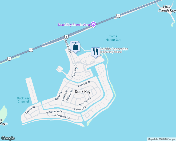 map of restaurants, bars, coffee shops, grocery stores, and more near 22 Pebble Beach Lane in Duck Key