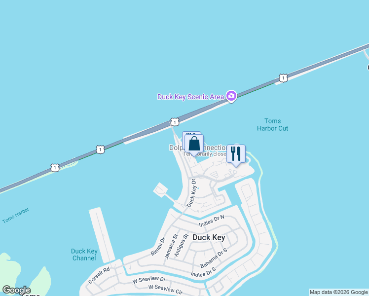 map of restaurants, bars, coffee shops, grocery stores, and more near 61 Hawks Cay Boulevard in Duck Key