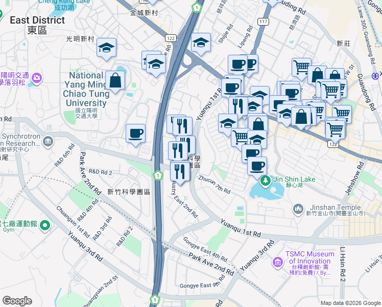 map of restaurants, bars, coffee shops, grocery stores, and more near 2 Hsin Ann Road in East District