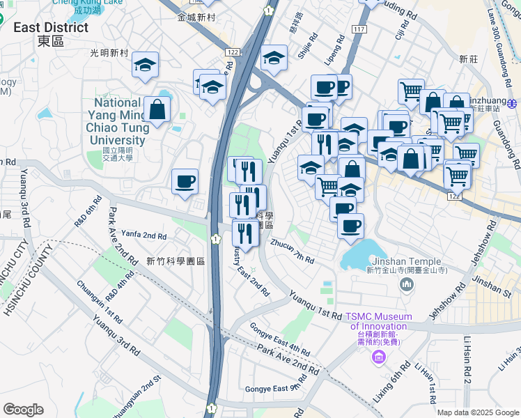 map of restaurants, bars, coffee shops, grocery stores, and more near 2 Hsin Ann Road in East District