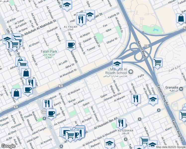 map of restaurants, bars, coffee shops, grocery stores, and more near Northern Ring Branch Road in Riyadh
