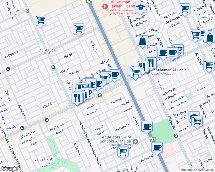 map of restaurants, bars, coffee shops, grocery stores, and more near Anas Ibn Malik Road in Riyadh