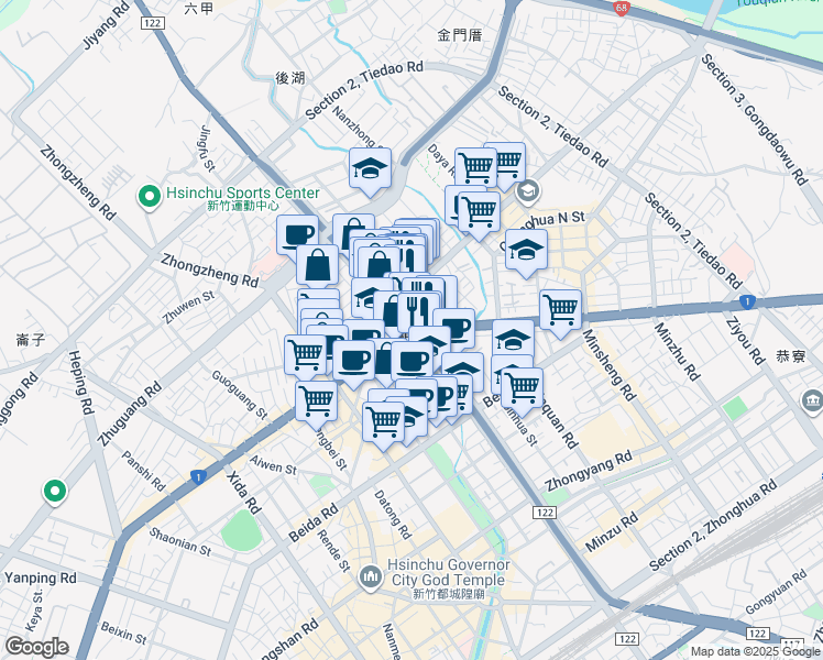 map of restaurants, bars, coffee shops, grocery stores, and more near in Hsinchu City