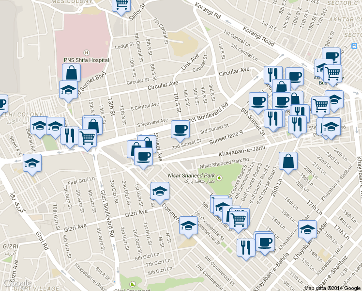 map of restaurants, bars, coffee shops, grocery stores, and more near 5th Sunset Street in Karachi