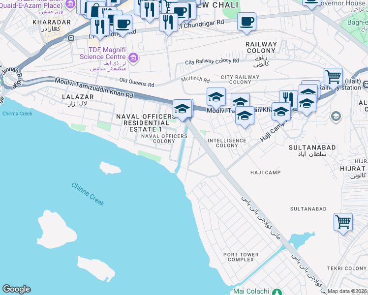map of restaurants, bars, coffee shops, grocery stores, and more near Mai Kolachi Road in Karachi