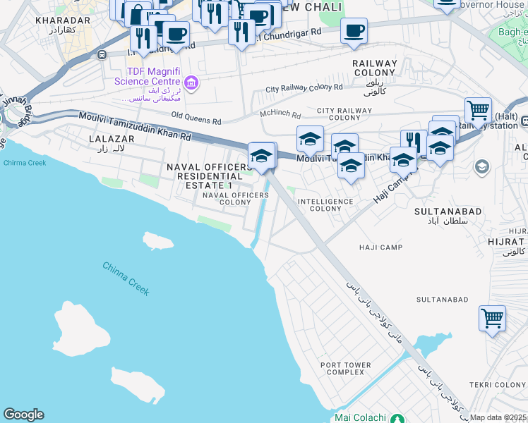 map of restaurants, bars, coffee shops, grocery stores, and more near Mai Kolachi Road in Karachi