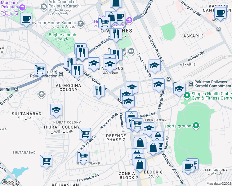 map of restaurants, bars, coffee shops, grocery stores, and more near Claremont Road in Karachi
