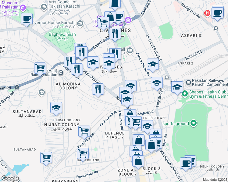 map of restaurants, bars, coffee shops, grocery stores, and more near Claremont Road in Karachi