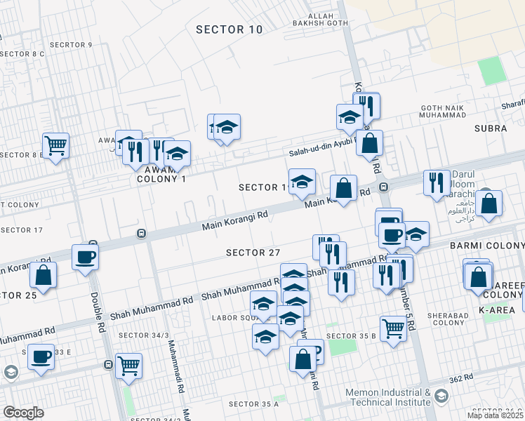 map of restaurants, bars, coffee shops, grocery stores, and more near Korangi Road in Karachi