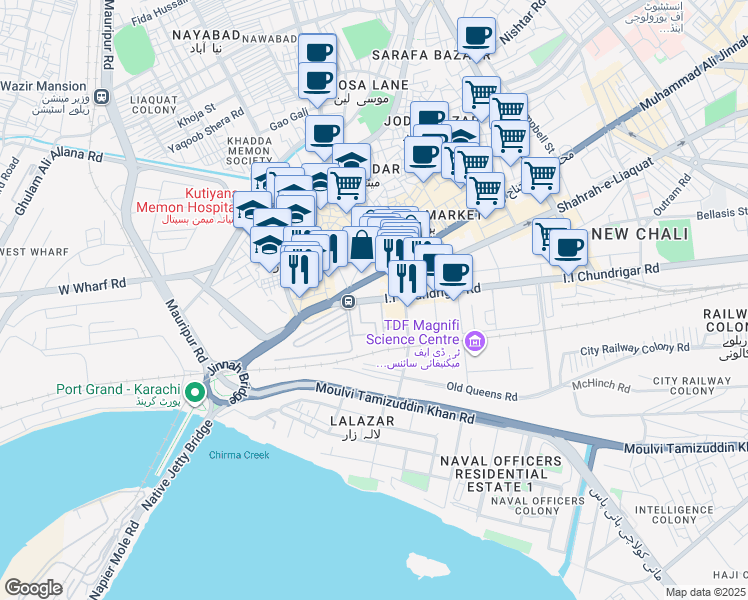 map of restaurants, bars, coffee shops, grocery stores, and more near I.I Chundrigar Road in Karachi