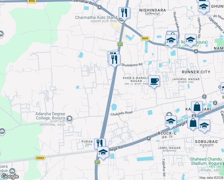 map of restaurants, bars, coffee shops, grocery stores, and more near Bogra City Bypass in Bogra