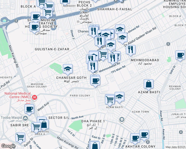 map of restaurants, bars, coffee shops, grocery stores, and more near Mehmoodabad Main Road in Karachi