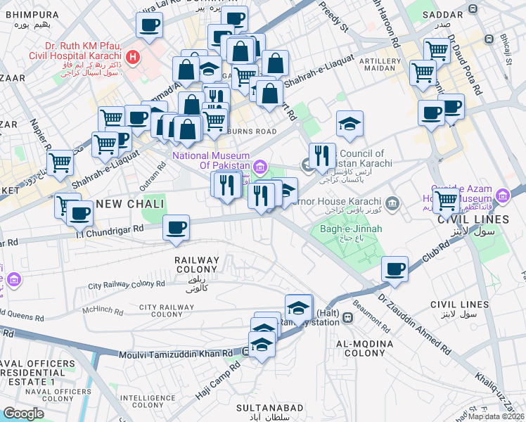 map of restaurants, bars, coffee shops, grocery stores, and more near Elander Road in Karachi