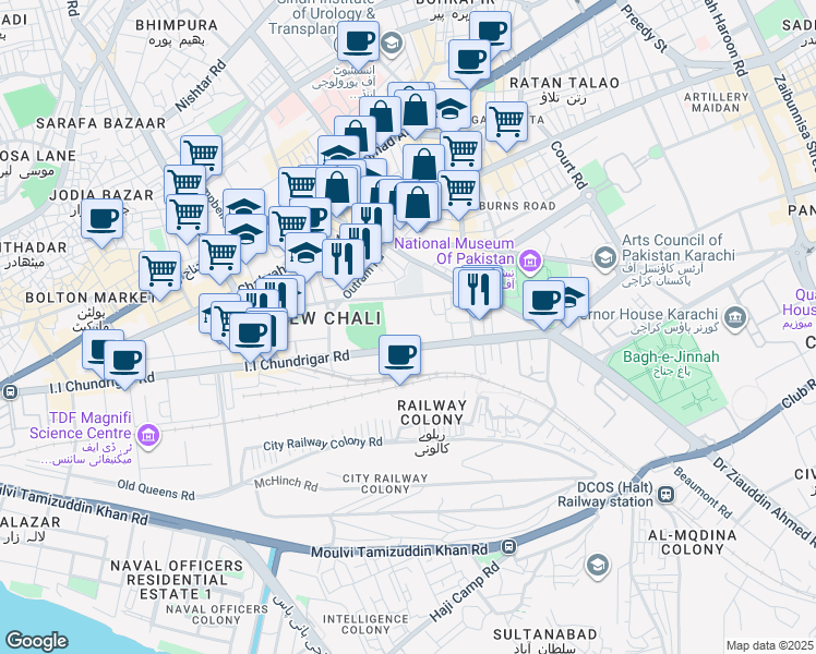 map of restaurants, bars, coffee shops, grocery stores, and more near I.I Chundrigar Road in Karachi