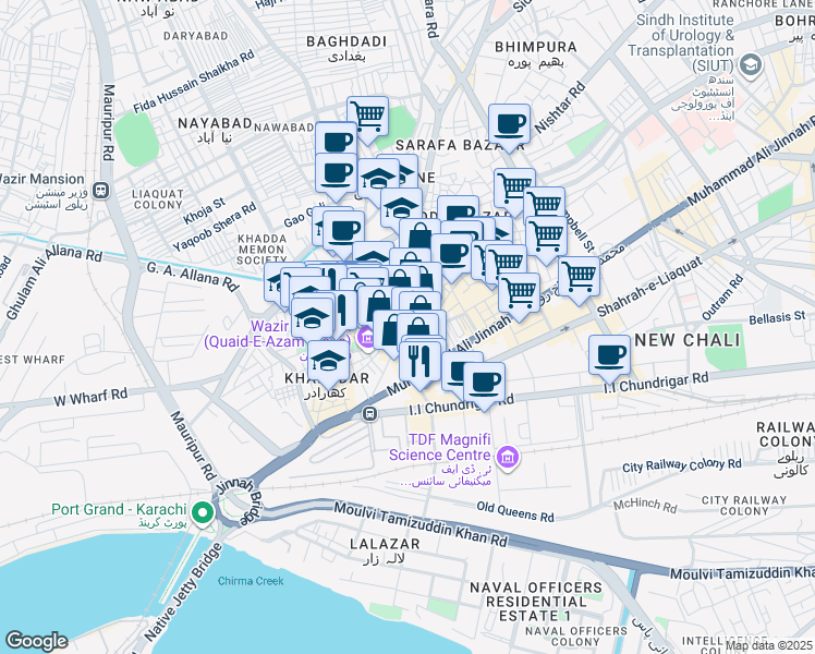 map of restaurants, bars, coffee shops, grocery stores, and more near Adamjee Dawood Street in Karachi