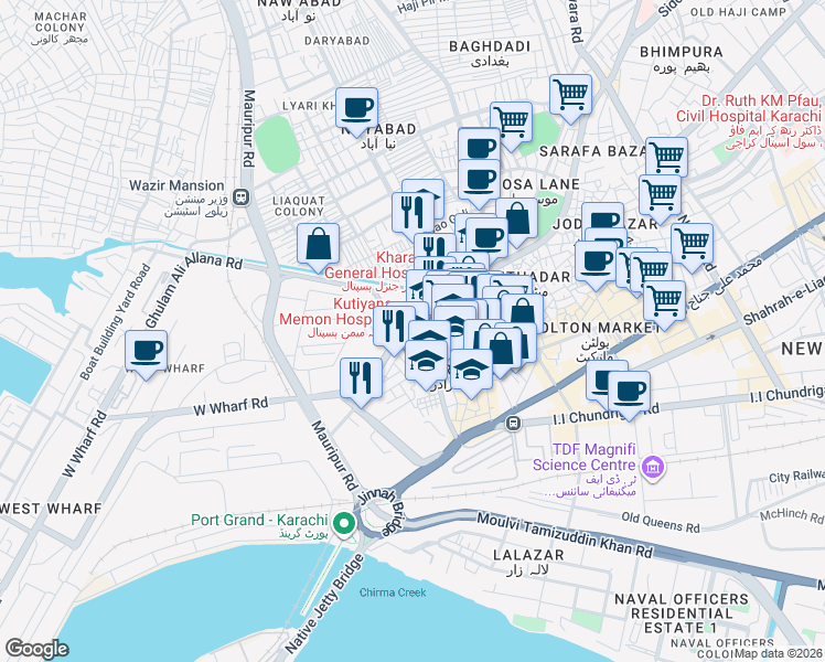 map of restaurants, bars, coffee shops, grocery stores, and more near Nawab Mahabat Khanji Road in Karachi