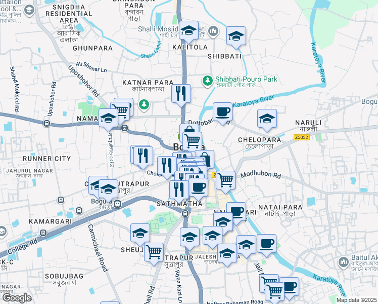 map of restaurants, bars, coffee shops, grocery stores, and more near in Bogra