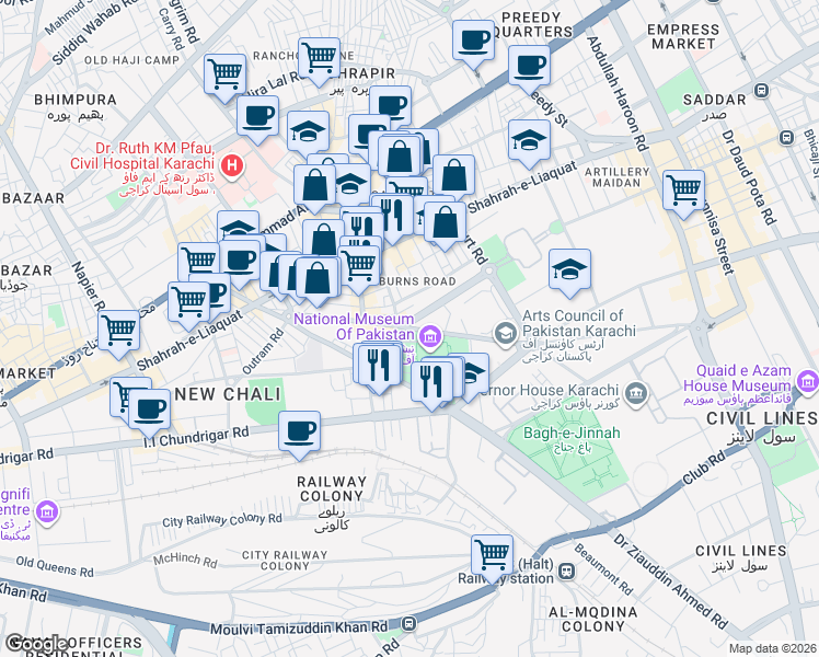 map of restaurants, bars, coffee shops, grocery stores, and more near Strachan Road in Karachi