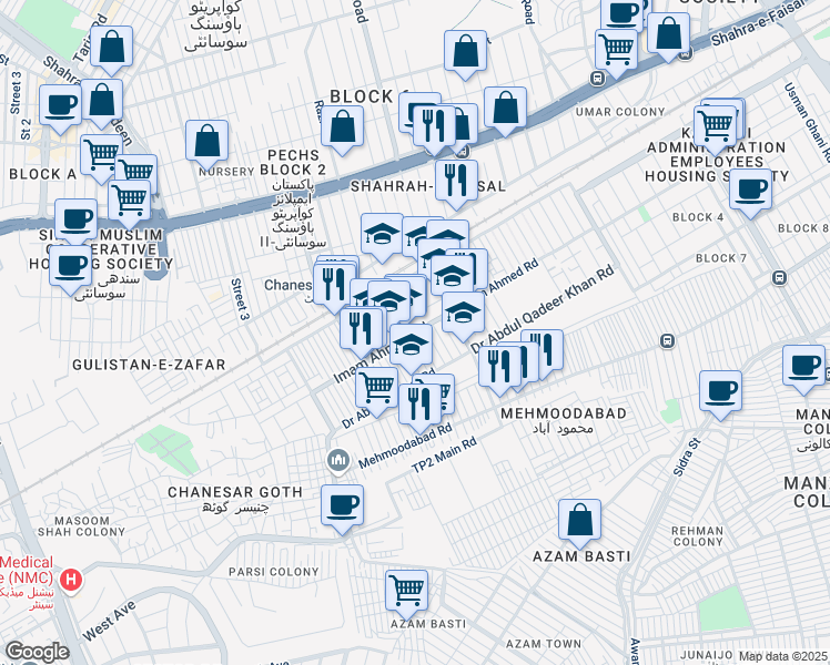 map of restaurants, bars, coffee shops, grocery stores, and more near Imam Ahmed Road in Karachi