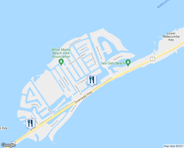 map of restaurants, bars, coffee shops, grocery stores, and more near 161 El Capitan Dr in Islamorada