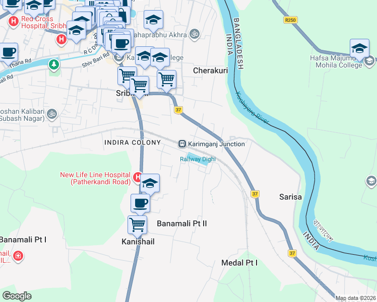 map of restaurants, bars, coffee shops, grocery stores, and more near RAilway colony in Karimganj Town