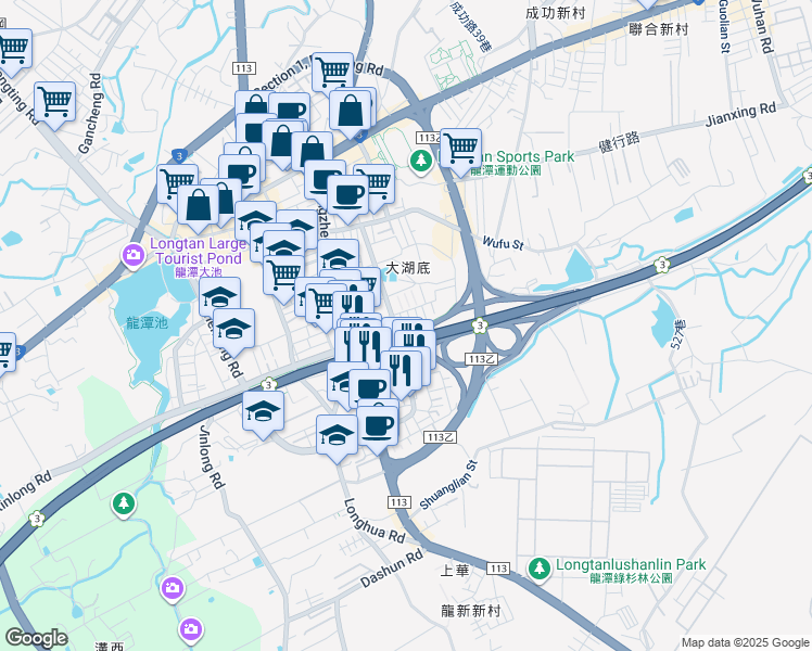 map of restaurants, bars, coffee shops, grocery stores, and more near 77 Guangming Road in Longtan District