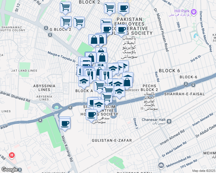 map of restaurants, bars, coffee shops, grocery stores, and more near MA Khawaja Street in Karachi