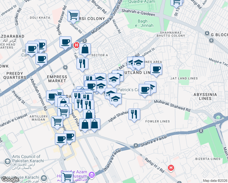 map of restaurants, bars, coffee shops, grocery stores, and more near Abbasi Shaheed Road in Karachi