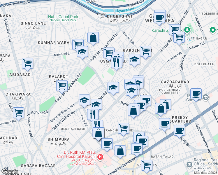 map of restaurants, bars, coffee shops, grocery stores, and more near Siddiq Wahab Road in Karachi