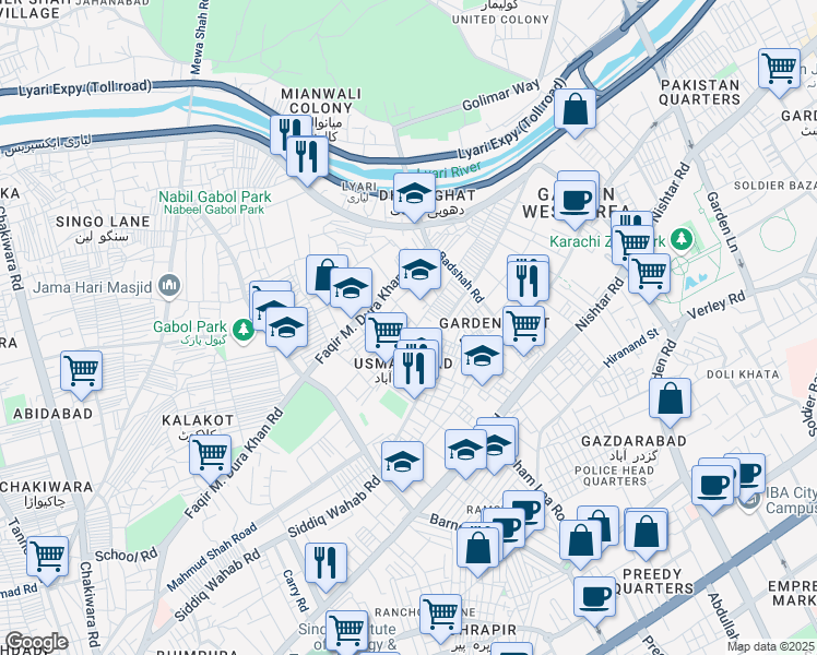map of restaurants, bars, coffee shops, grocery stores, and more near Gabol Road in Karachi