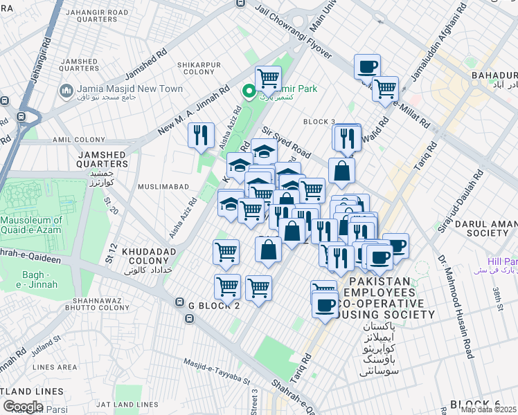 map of restaurants, bars, coffee shops, grocery stores, and more near Hali Road in Karachi