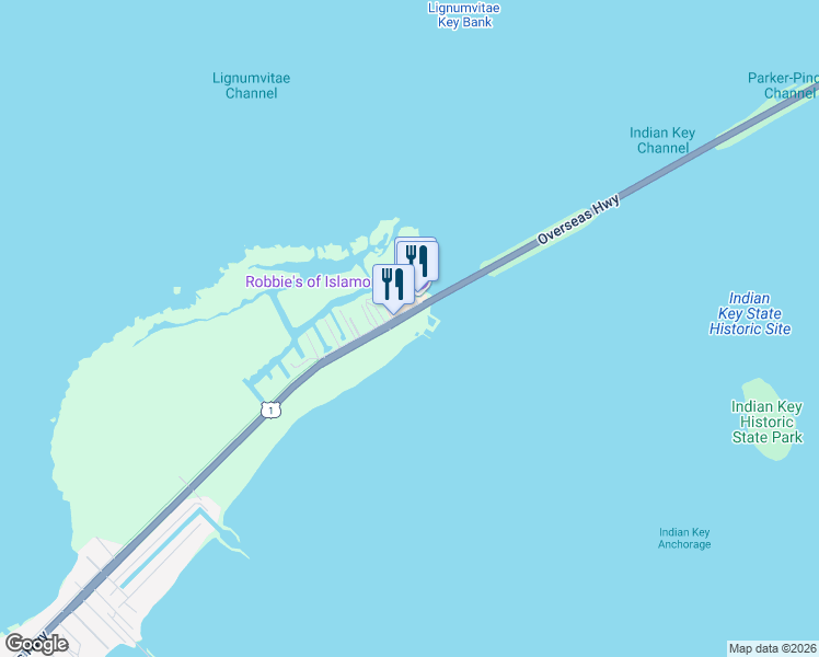 map of restaurants, bars, coffee shops, grocery stores, and more near 77521 Overseas Highway in Islamorada