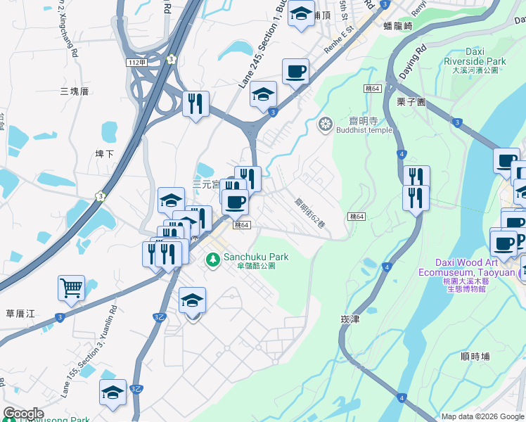 map of restaurants, bars, coffee shops, grocery stores, and more near Lane 20, Zhaiming Street in Daxi District
