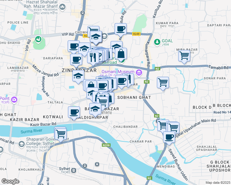map of restaurants, bars, coffee shops, grocery stores, and more near Bandar Bazar Road in Sylhet