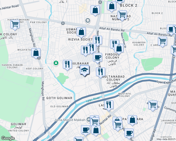 map of restaurants, bars, coffee shops, grocery stores, and more near Imam Bargah to Nazimabad Road Street in Karachi