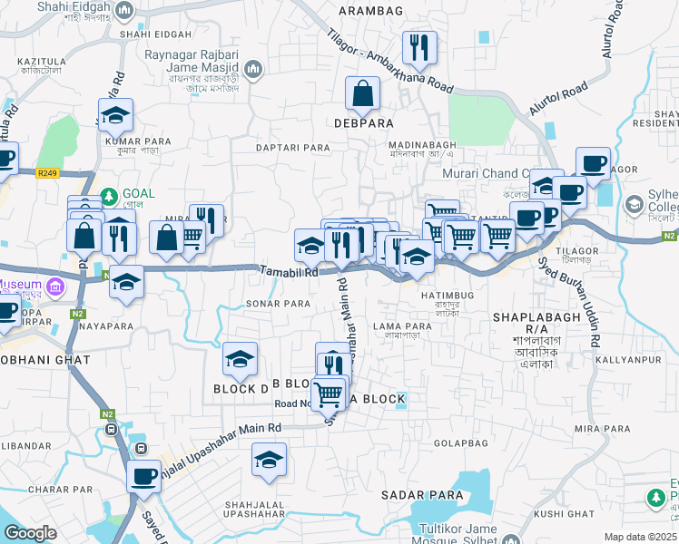map of restaurants, bars, coffee shops, grocery stores, and more near Mojumdarpara Road in Sylhet