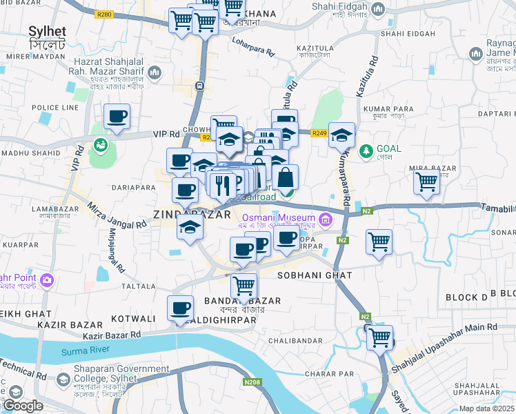 map of restaurants, bars, coffee shops, grocery stores, and more near Jail Road in Sylhet