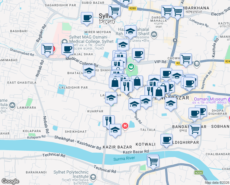 map of restaurants, bars, coffee shops, grocery stores, and more near Lamabazar Road in Sylhet