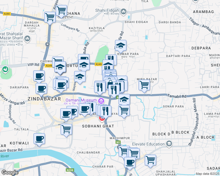 map of restaurants, bars, coffee shops, grocery stores, and more near Kumarpara Road in Sylhet