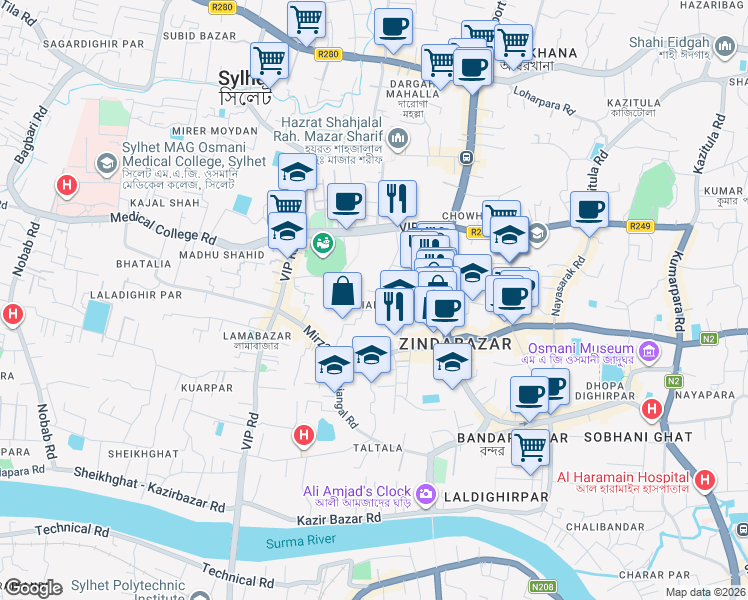 map of restaurants, bars, coffee shops, grocery stores, and more near Dariapara Road in Sylhet
