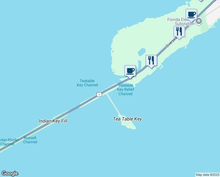 map of restaurants, bars, coffee shops, grocery stores, and more near Route 1 in Islamorada