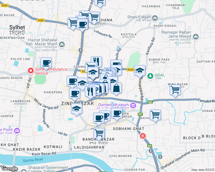 map of restaurants, bars, coffee shops, grocery stores, and more near Nayasarak Road in Sylhet