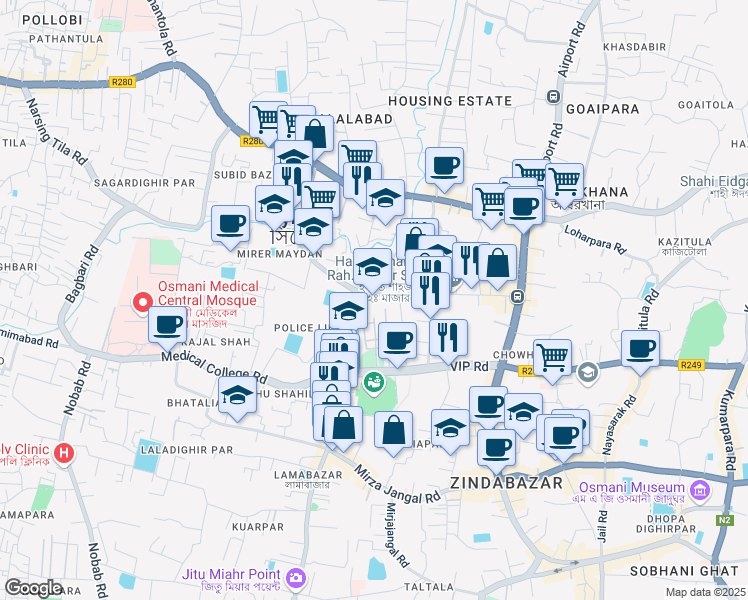 map of restaurants, bars, coffee shops, grocery stores, and more near Police Line Road in Sylhet