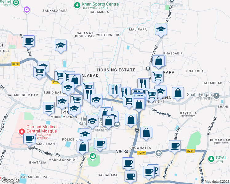 map of restaurants, bars, coffee shops, grocery stores, and more near Housing Estate Road in Sylhet