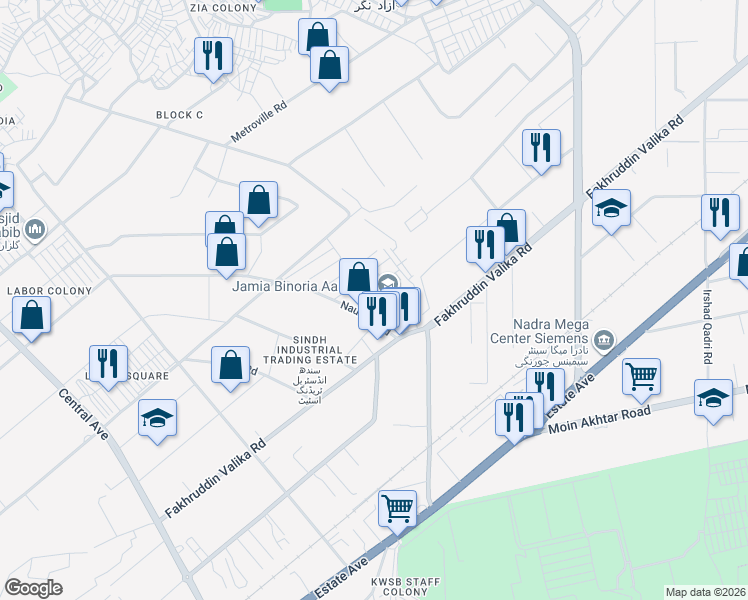 map of restaurants, bars, coffee shops, grocery stores, and more near Fakhruddin Valika Road in Karachi