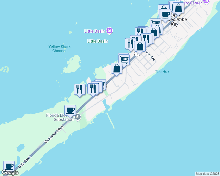map of restaurants, bars, coffee shops, grocery stores, and more near 121 Parker Drive in Islamorada