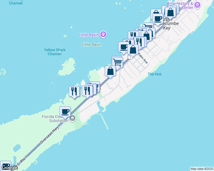 map of restaurants, bars, coffee shops, grocery stores, and more near 121 Parker Drive in Islamorada