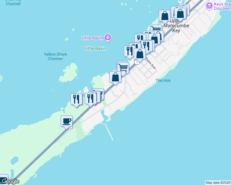 map of restaurants, bars, coffee shops, grocery stores, and more near 121 Parker Drive in Islamorada